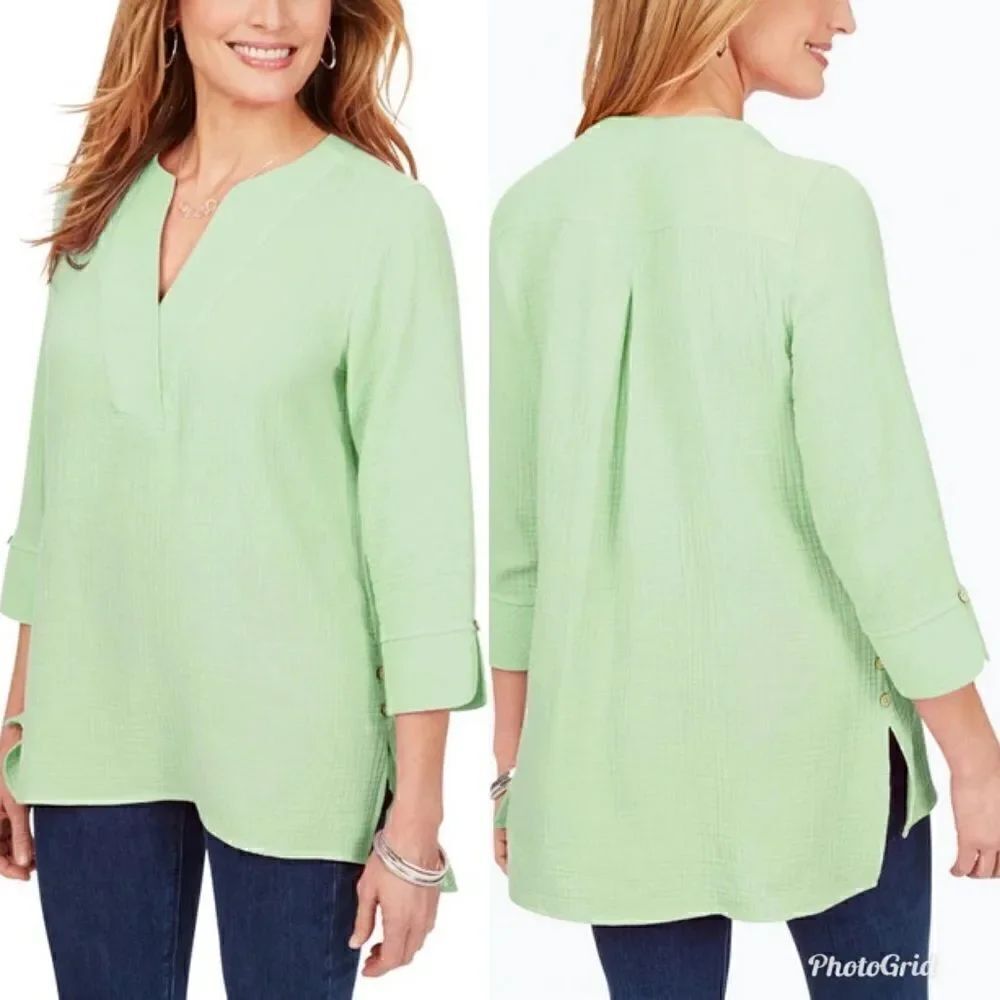 FOXCROFT Vena Boho 3/4 Sleeve Cotton Gauze Tunic Top in Aloe